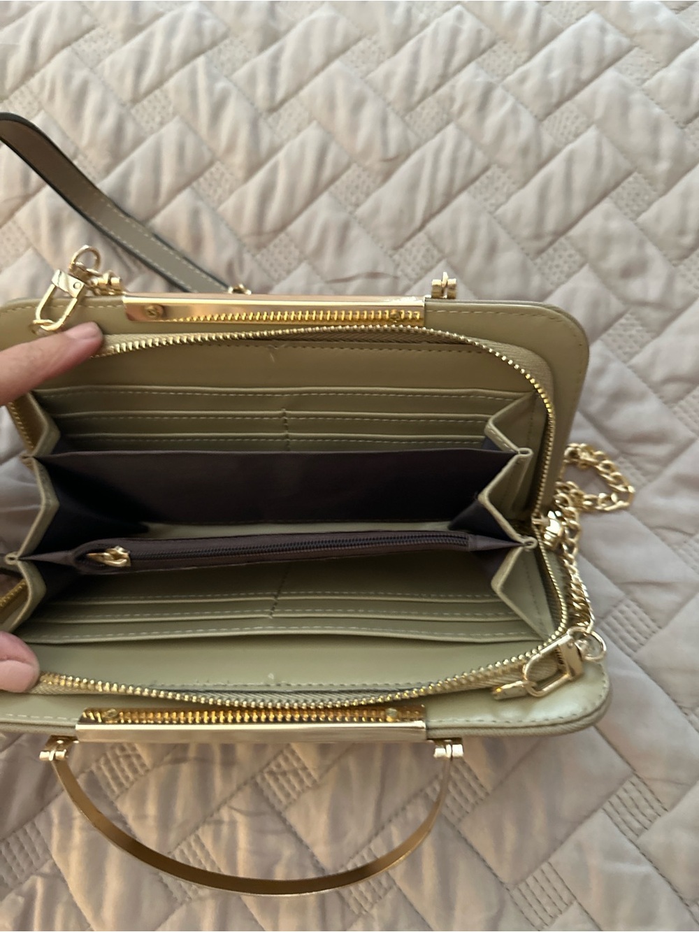 Faux Leather Top Handle Crossbody Clutch Taupe Gold Chain Structured Mini Bag - Picture 6 of 11